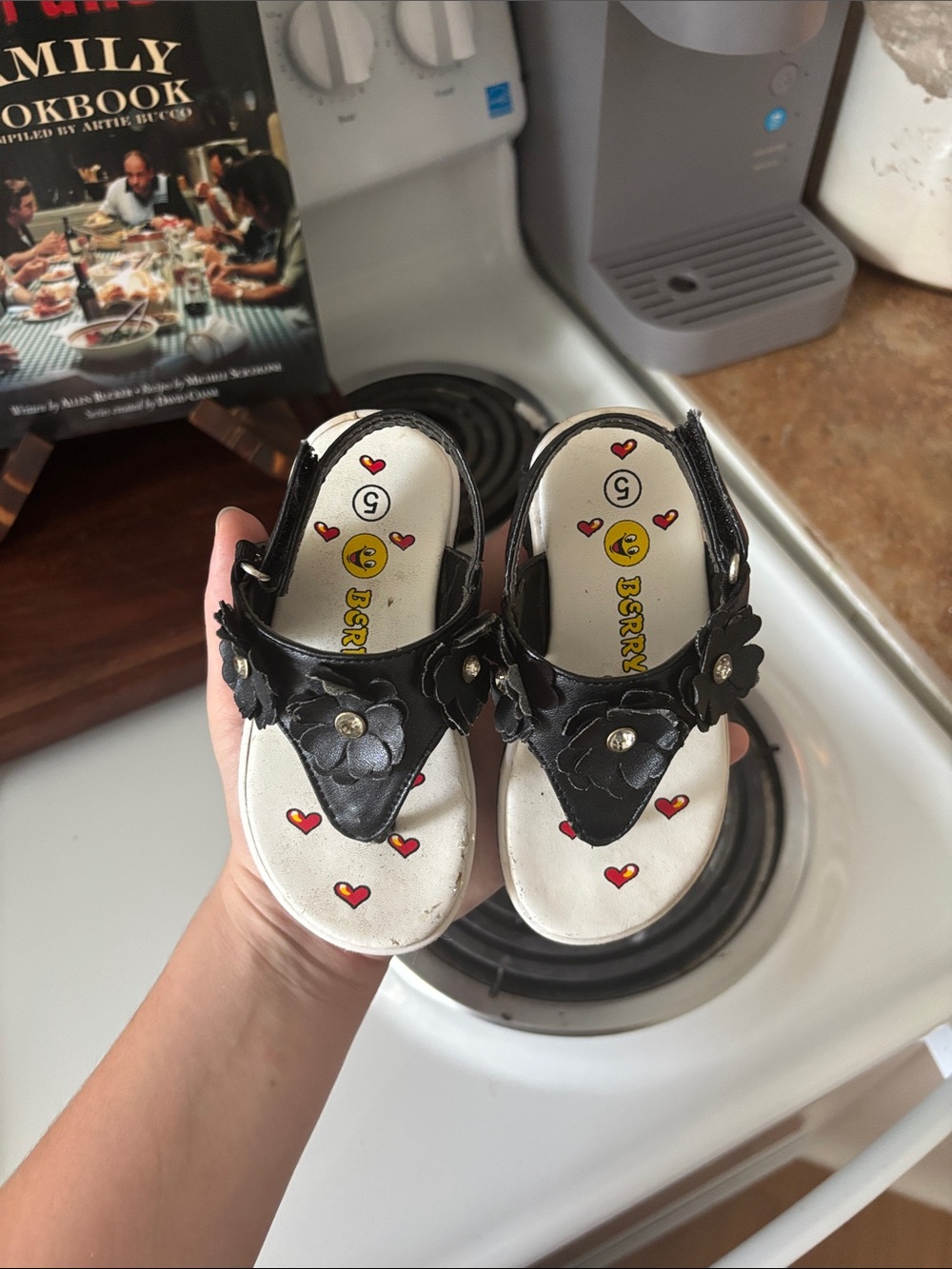 Kids Black Floral Sandals with Heart Print - Size 6
